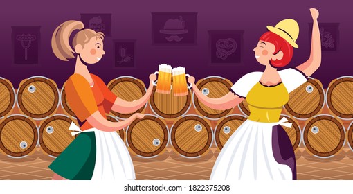 women in traditional clothes drinking beer celebrating Oktoberfest party friends having fun portrait horizontal vector illustration