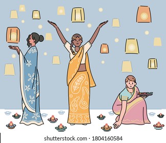 Women in traditional Indian costumes float lanterns in the sky and place candles on the floor. hand drawn style vector design illustrations. 