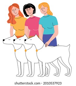 Women Train Dogs. Participants Of The Dog Show. Dogs Are Man's Friends. Banner, Poster, Postcard, Invitation