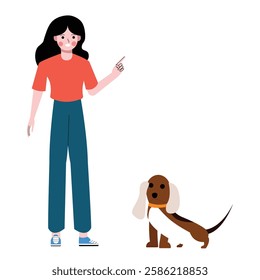 Women train dogs to sit, stay, and tame them. Flat design vector illustration isolated on white background