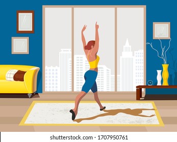 Mujeres entrenando bailando en el vector de color plano. Manténgase en casa haciendo ejercicio de caricatura. Antecedentes del ejercicio de bienestar. Estilo de vida saludable en interiores actividades de fitness matutina ilustración