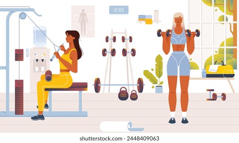 Women are training in gym with sport equipment. Lifting dumbbells, doing strength exercises. Fitness workout flat vector illustration.