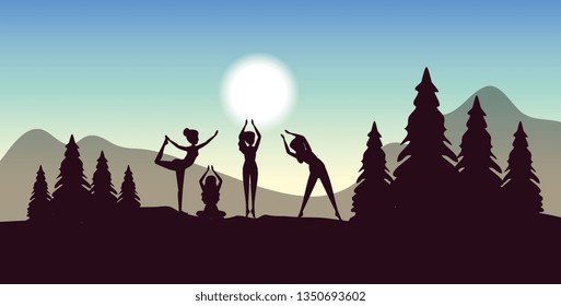 women training yoga posture with trees and mountains