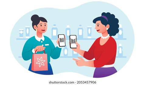 Las mujeres transfieren dinero al smartphone. Contacto de novios por códigos QR. Conecte dos dispositivos, wallet, sin efectivo. Concepto de sistema de pago. Dibujo vectorial plano de dibujos animados aislado en fondo blanco