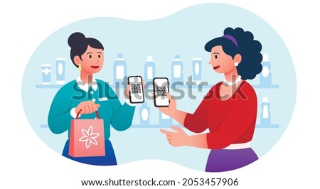Women transfer money to smartphone. Girlfriends contact by QR codes. Connect two devices, ewallet, cashless. Concept of payment system. Cartoon flat vector illustration isolated on white background