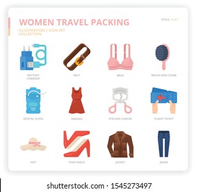Women Travel Packing icon set