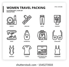 Women Travel Packing icon set