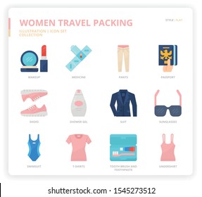 Women Travel Packing icon set