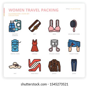 Women Travel Packing icon set