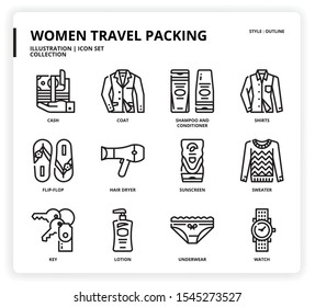 Women Travel Packing icon set