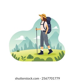 Women trekking, hiking in nature with backpack equipment concept illustration scene