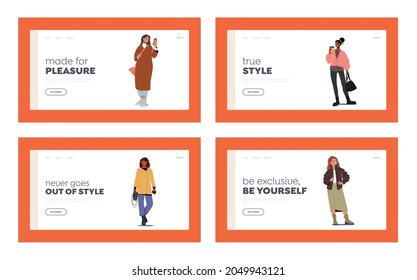 Women in Trendy Apparel Landing Page Template Set. Group of Stylish Girls in Autumn Fashion Outfits. Young Female Characters Wear Casual Clothes for Fall Season. Cartoon People Vector Illustration