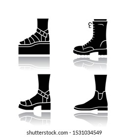 Women trendy shoes drop shadow black glyph icons set. Female elegant formal and casual footwear. Stylish winter and autumn boots. Fashionable platform heels. Isolated vector illustrations