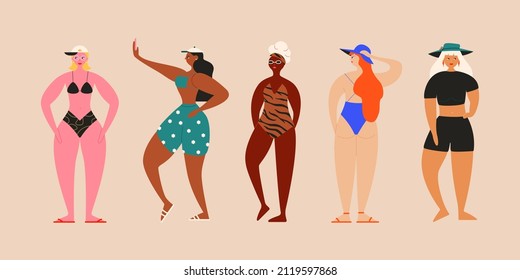 Women in trendy swimsuits. Abstract cartoon girl characters in different poses. Hand drawn fashion vector illustration