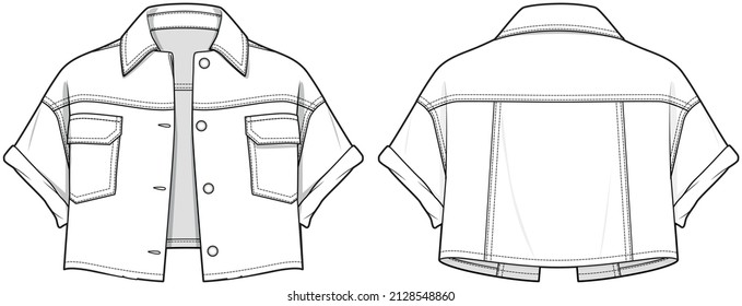 Chaqueta de Camionero Femenino, Camisa Crop, Chaqueta de Cuero, Chaqueta Bomber, Chaqueta Biker, Chaqueta Moto Racer, Ilustración de Moda de Camiseta Denim, Vector, CAD, Dibujo Técnico, Dibujo Plano.