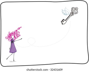 women trying to catch the key that open her heart that flew away