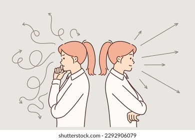 Women trying to make choice between different ways to solve problem standing among arrows. Concept of structuring thoughts and plans for solving problem that have arisen in business or career 