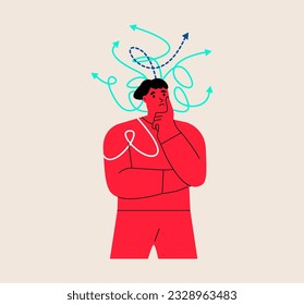 Women trying to make choice between different ways to solve problem. Person looking for best solution to problem. Uncertainty concept. Colorful vector illustration
