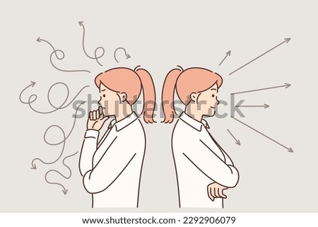 Women trying to make choice between different ways to solve problem standing among arrows. Concept of structuring thoughts and plans for solving problem that have arisen in business or career 