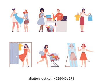 Women trying on and buying clothes at store set. Girls taking part in seasonal sale. Black Friday sale event flat vector illustration