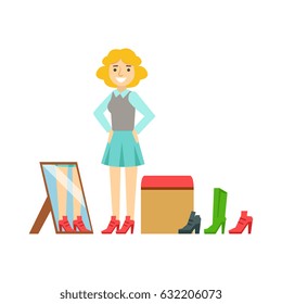 Women trying on shoes in a shoes store, colorful vector illustration