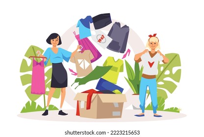 Women trying on vintage clothes from second hand shop, flat vector illustration isolated on white background. Cardboard box with old clothes. Concepts of charity and donation.