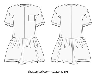Women T-shirt fashion flat sketch template. Technical Fashion Illustration. T-shirt concept. T-shirt for girls with drapery.