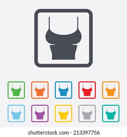 Women T-shirt sign icon. Intimates and sleeps symbol. Round squares buttons with frame. Vector