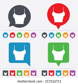 Women T-shirt sign icon. Intimates and sleeps symbol. Speech bubbles information icons. 24 colored buttons. Vector