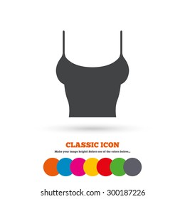 Women T-shirt sign icon. Intimates and sleeps symbol. Classic flat icon. Colored circles. Vector