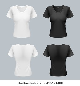 Women T-Shirt Template Set Back and Front Views in Black and White