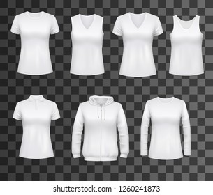 pantalones femeninos, camisetas de tanques deportivos o patatas y pantalones casuales. Modelos vectoriales de ropa de mujer blanca, vista frontal en blanco realista para promoción de marca, aislados en fondo transparente