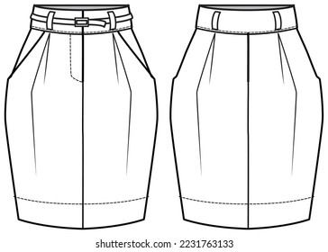 Women Tulip Skirt flat sketch illustration, womens mini skirt fashion technical drawing vector template mock up