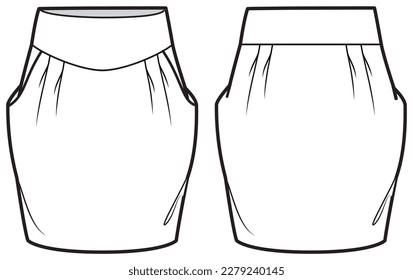 Women Tulip Skirt flat sketch illustration, womens mini skirt fashion technical drawing vector template mock up