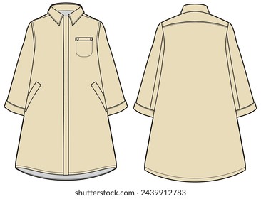 Women Tunic shirt dress design with collar flat sketch fashion illustration with front and back view, Long Sleeve Kurtha shirt dress cad technical drawing vector template