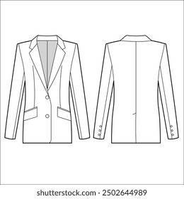 Mujeres Dos Botón Blazer, Boyfriend Blazer, solo Breasted blazer, Shawl Solapa Blazer Conjuntos Ilustración de moda, Vector, CAD, dibujo técnico, plano, Plantilla, maqueta.