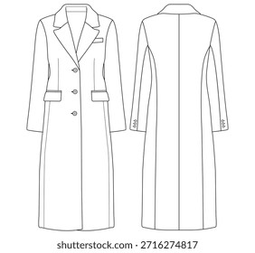 Mujeres Dos Botones Largo Abrigo Sastre Vista Frontal y Trasera Ilustración vectorial Plana