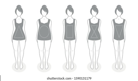 Women types of figures vector illustration. Icons. Human body shapes. Female figures types set. Simple line design. flat style isolated on white background. Female body shape types. badges. 