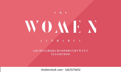 WOMEN typo is a minimal luxury classic modern typeface typo typography alphabet fonts and number, uppercase lowercase and number. Vector illustration with pink color background.