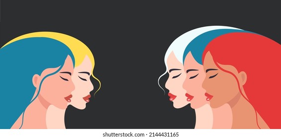 Women of Ukraine and women of Russia on different sides. Sad girls close up. Colors of the Russian and Ukrainian flags. Vector female characters on a dark background. Flat isolated illustration