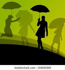 Women umbrella and raincoat silhouettes abstract seasonal outdoor weather background vector illustration