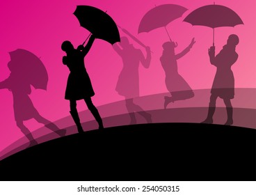 Women umbrella and raincoat silhouettes abstract seasonal outdoor weather background vector illustration