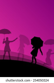 Women umbrella and raincoat silhouettes abstract seasonal outdoor weather background vector illustration