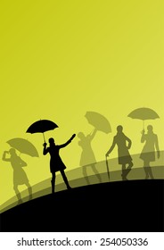 Women umbrella and raincoat silhouettes abstract seasonal outdoor weather background vector illustration