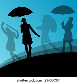 Women umbrella and raincoat silhouettes abstract seasonal outdoor weather background vector illustration