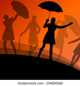 Women umbrella and raincoat silhouettes abstract seasonal outdoor weather background vector illustration