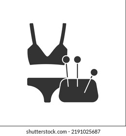 Women underwear glyph icon. Correct bra and shorts on figure. Clothing repair concept.Filled flat sign. Isolated silhouette vector illustration