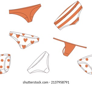 Women underwear lingerie panties seamless pattern background. Vector illustration seamless pattern doodle icons in thin line art sketch style