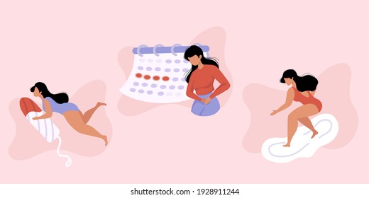 Women in underweare or swimsuit surfing on a pad. Period problems concept. Female protection. Website, article, print sticker. Girl having period, premenstrual syndrome, PMS, menstruation, calendar
