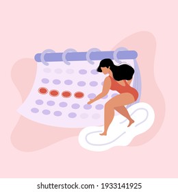 Women in underweare or swimsuit surfing on a large pad. Period problems concept. Female period protection. Website, article, print sticker. Girl having period, premenstrual syndrome, PMS, menstruation
